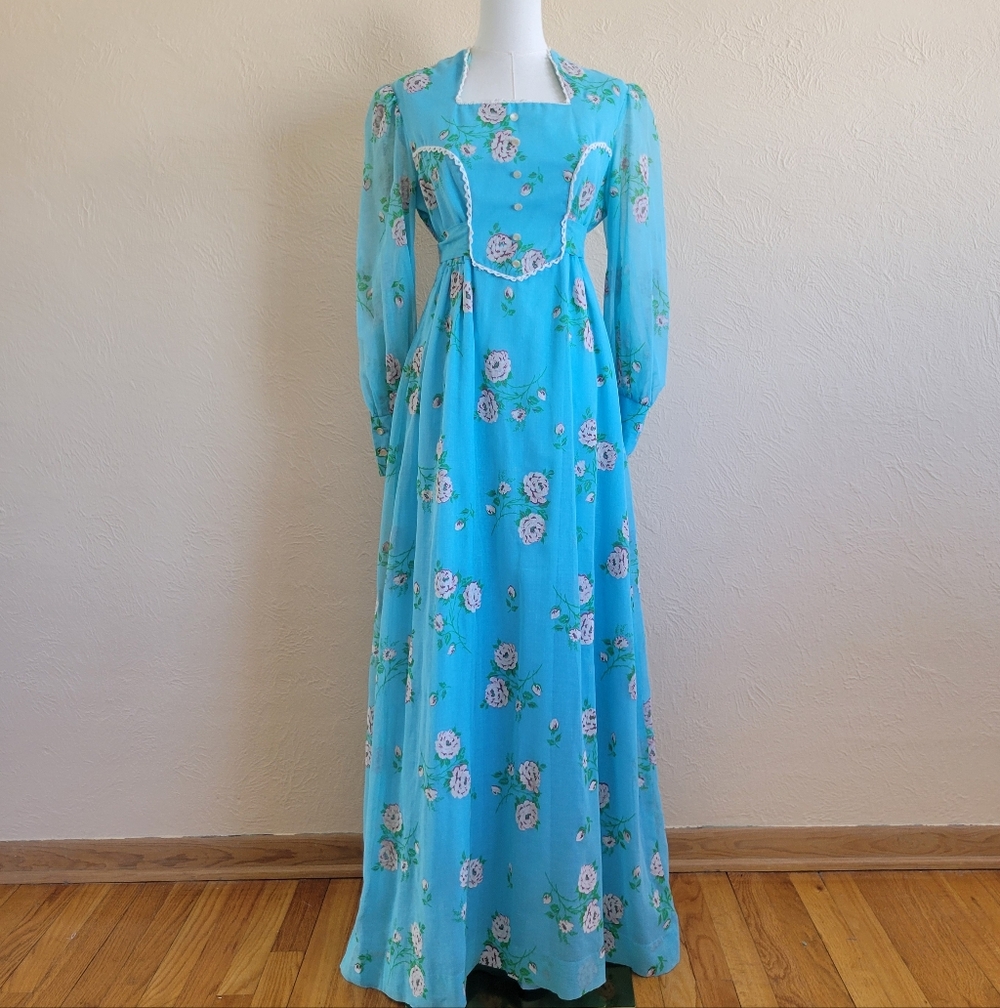 Norma J Of California | 70s Vintage Blue Floral Long Sleeve Cottagecore Dresss